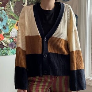 Color Block Knit Cardigan With Navy Blue buttons